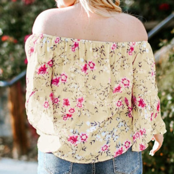 060. Yellow Plus Size Floral Off Shoulder Ruffle Sleeve Top   Size 3X - Picture 2 of 10
